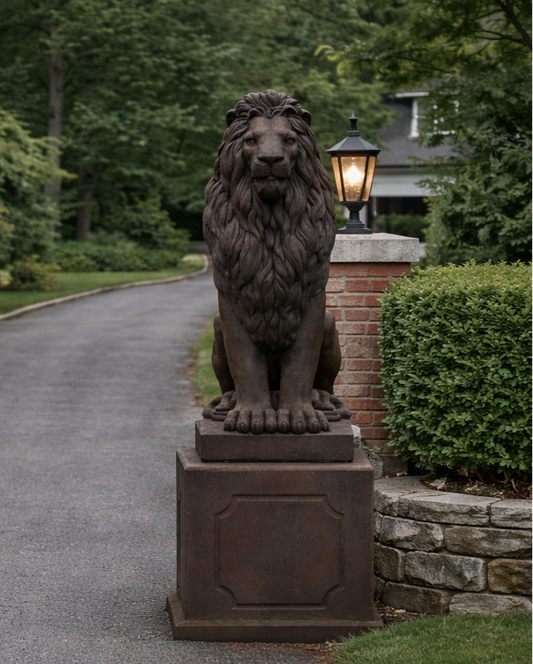 59" Grandessa Sitting Lion Statue – With or Without Pedestal | Estate Concrete Lion - CBSD