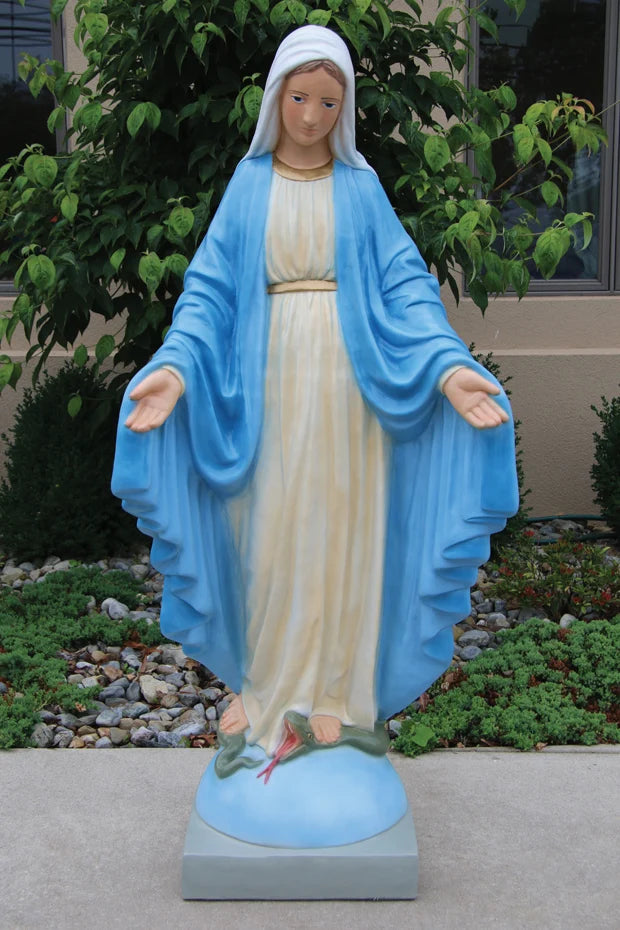 Detailed cast stone statue of Virgin Mary standing on a base outdoors | CBSD