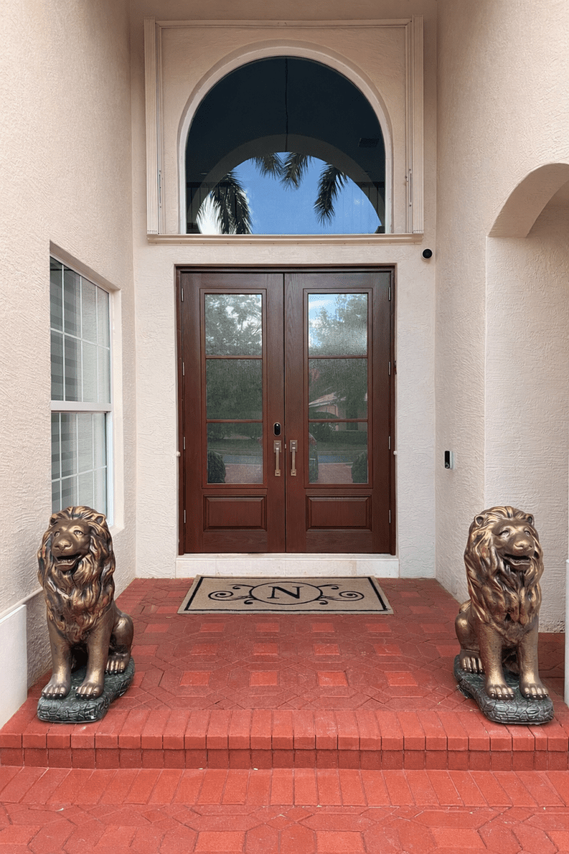 3 foot sitting concrete lion statue with detailed mane and classic estate design for front entrance or driveway columns