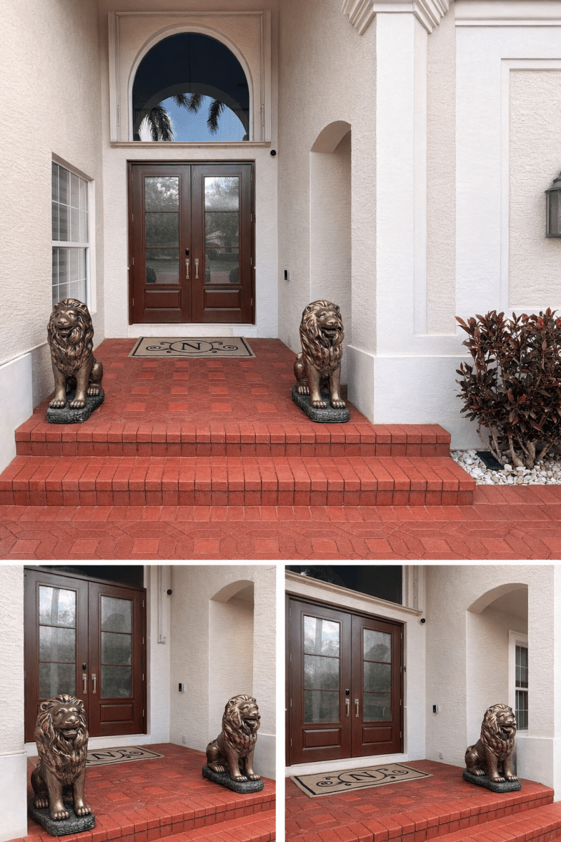 close-up of handcrafted concrete lion statue showing detailed facial features and durable outdoor concrete craftsmanship