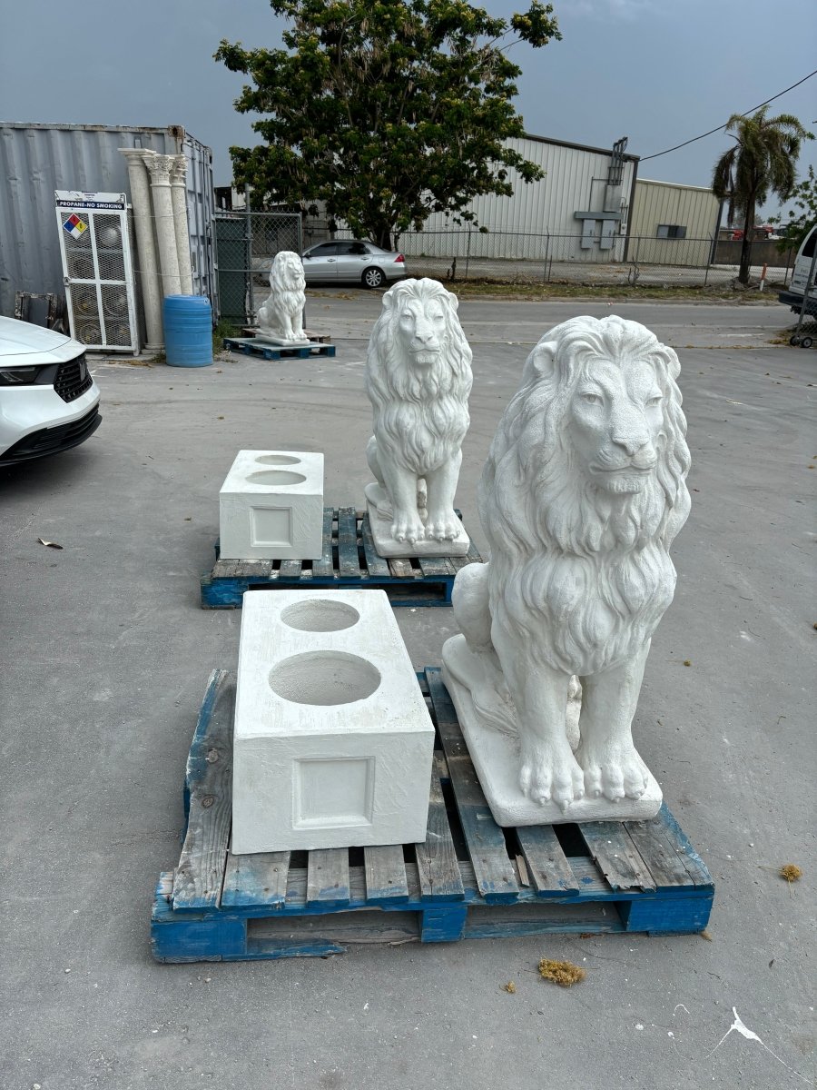 Pair of white concrete lion statues and matching square pedestals for luxury buyers