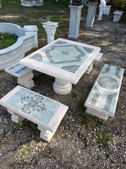 Hand Cast Outdoor concrete table set complete with four benches and beautiful mosiac tile | CB Stone Decor 