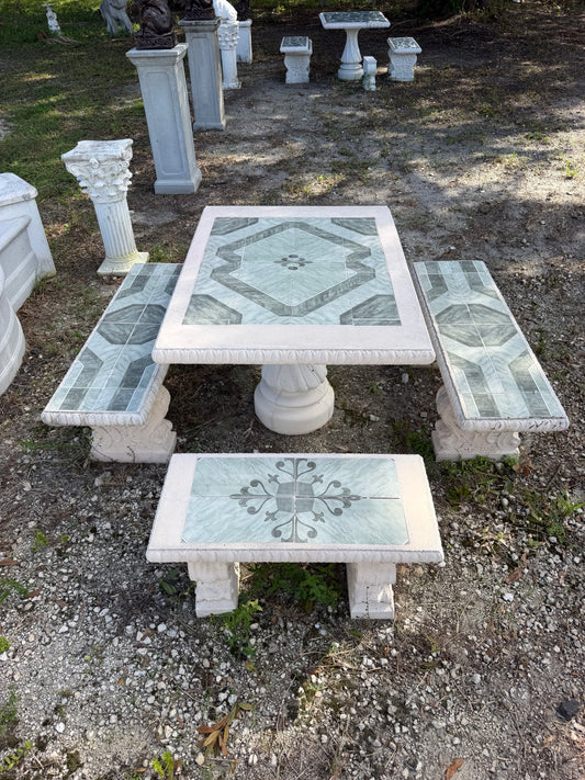 Hand Cast outdoor concrete table set complete with four benches and beautiful mosiac tile | CB Stone Decor 
