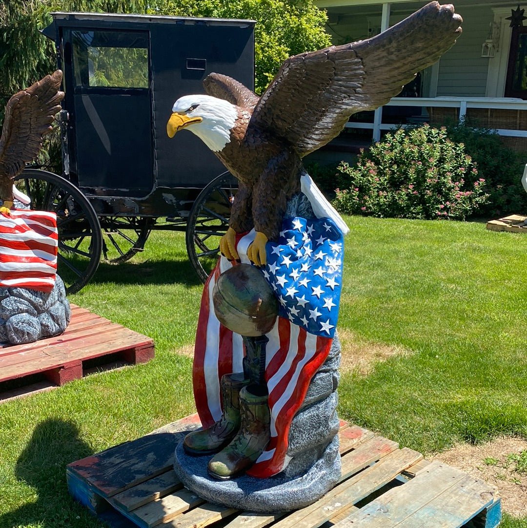 Handcrafted concrete bald eagle head detail — patriotic garden statue