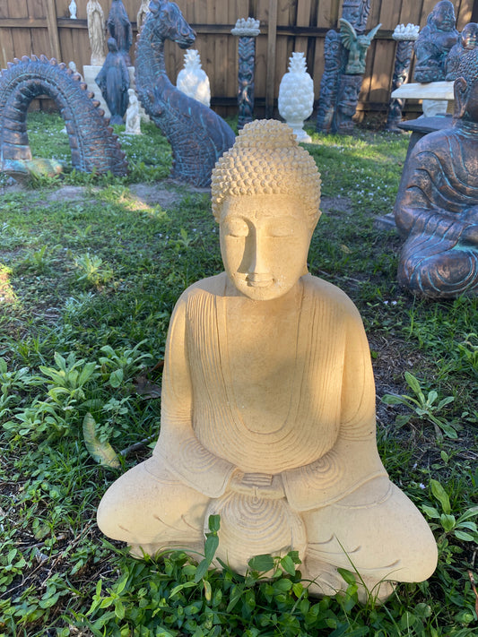 Beautiful beige concrete meditating buddha statue, makes a gorgeous decoration for your garden, home, business, & more!